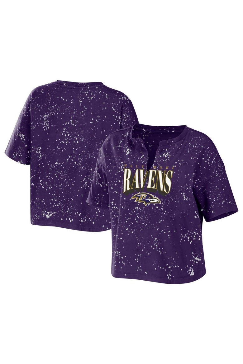 Women's WEAR by Erin Andrews Purple Baltimore Ravens Bleach Wash Splatter Notch Neck Cropped T-Shirt, Alternate, color, Purple