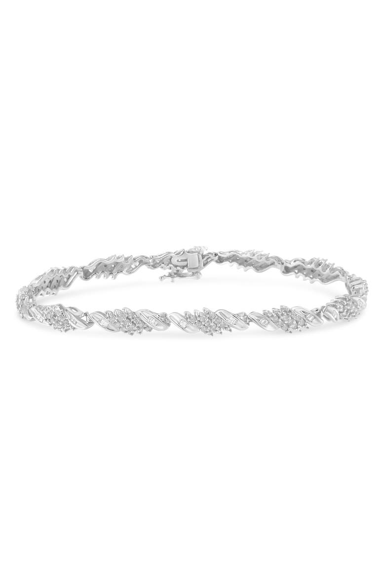 Silver 1-1/2 Cttw Round and Baguette Cut Diamond Wave Link Bracelet, Main, color, White