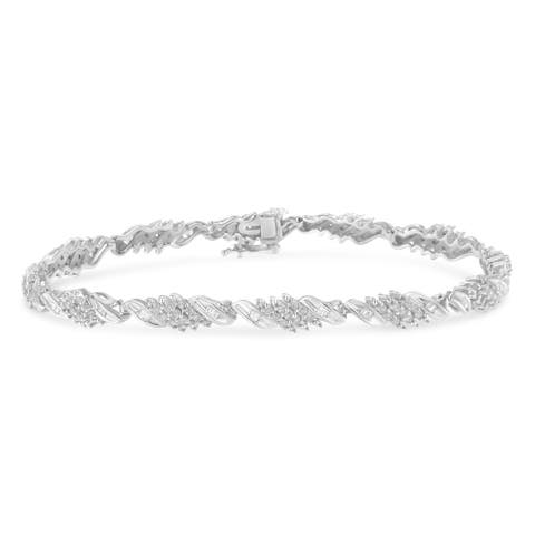 Silver 1-1/2 Cttw Round and Baguette Cut Diamond Wave Link Bracelet