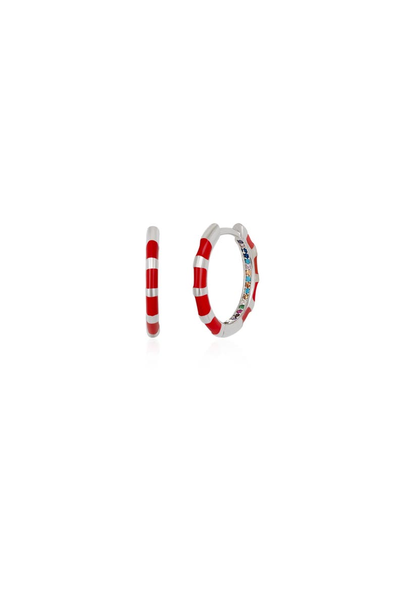 Enamel Red Fine Stripe Sterling Silver Hoop Earrings With Multi Color Zirconia Interior, Main, color, Silver