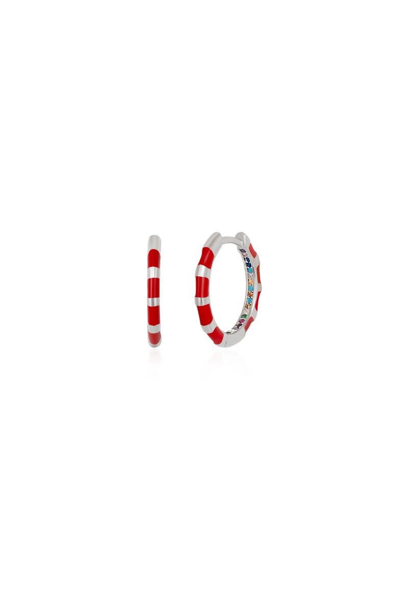Spero London Enamel Red Fine Stripe Sterling Silver Hoop Earrings With Multi Color Zirconia Interior, Main, color, Silver