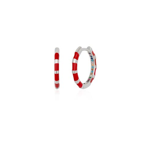 Enamel Red Fine Stripe Sterling Silver Hoop Earrings With Multi Color Zirconia Interior