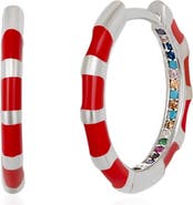 Spero London Enamel Red Fine Stripe Sterling Silver Hoop Earrings With Multi Color Zirconia Interior
