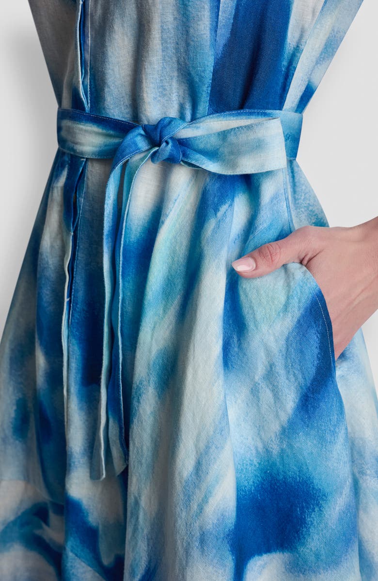 DKNY Abstract Print Asymmetric Hem Linen Dress, Alternate, color, Misted Surf