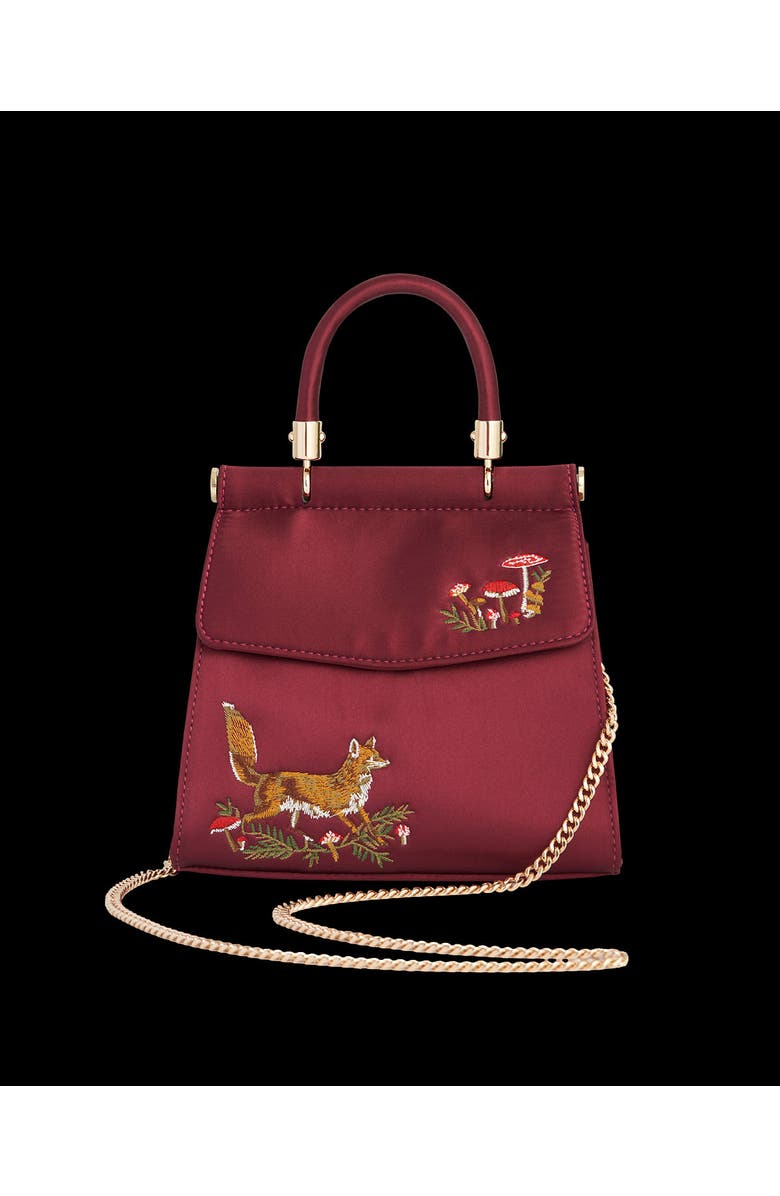 Fable England Fox & Mushroom Embroidered Burgundy Satin Tote, Alternate, color, Red