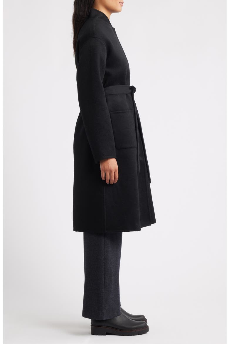 Belted Stand Collar Wool Coat, Alternate, color, BLACK