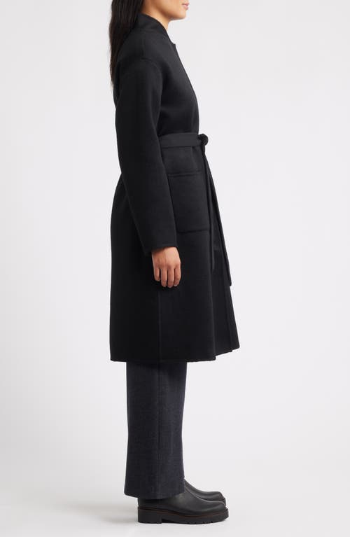 Eileen Fisher Belted Stand Collar Wool Coat In Black