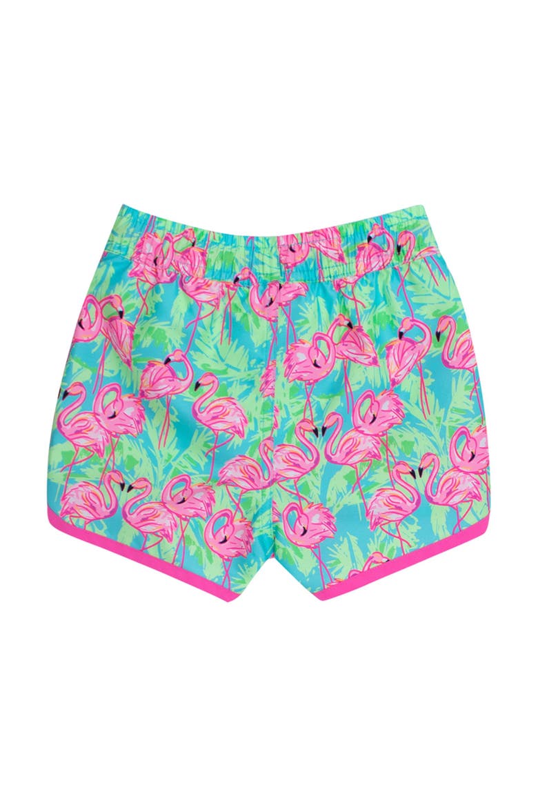 Boys UPF50+ Sun Protected Dolphin Hem Swim Trunks, Alternate, color, Neon Flamingo Fun