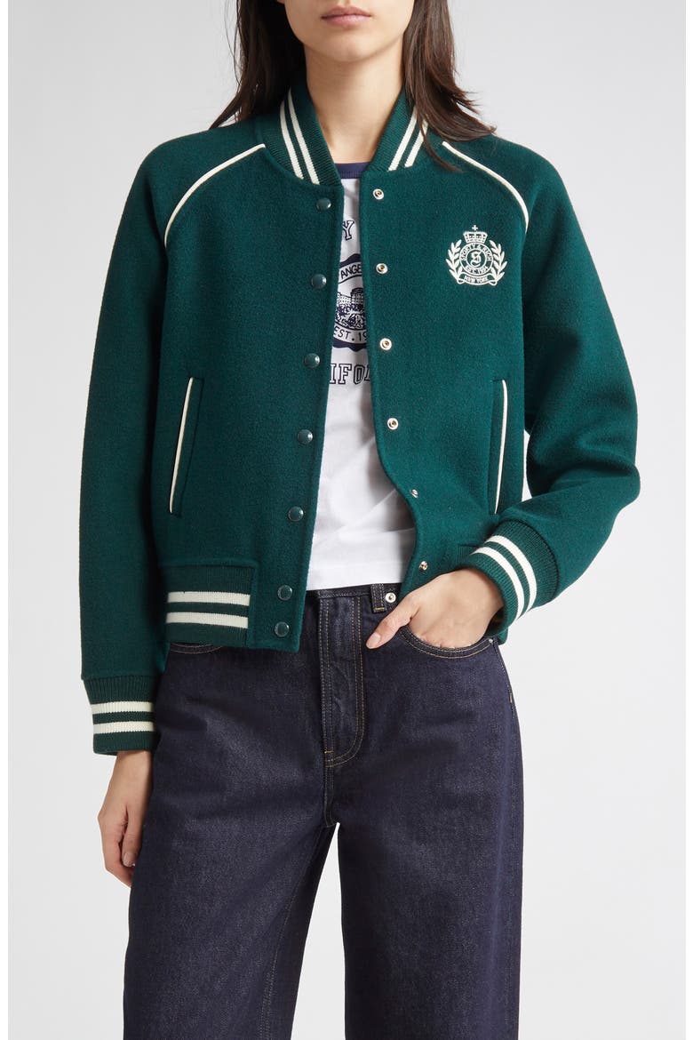 Crest Detail Wool & Cashmere Varsity Jacket, Main, color, DARK GREEN
