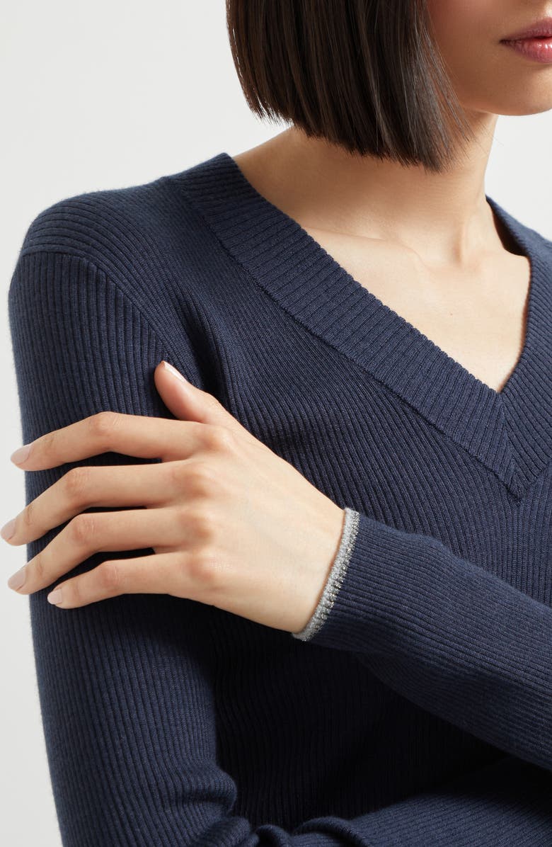 Brunello Cucinelli Lightweight sweater with Sparkling Cuffs, Alternate, color, Navy Blue