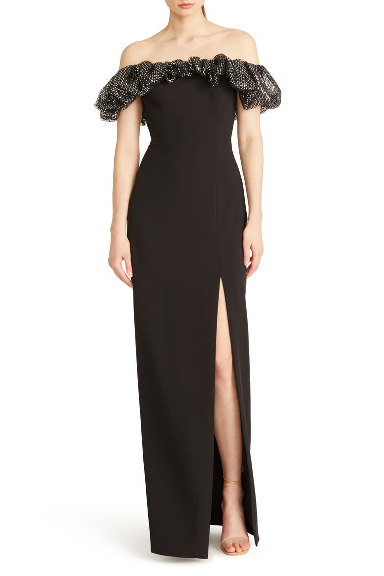 Micaela Metallic Ruffle Crepe Sheath Gown, Main, color, SILVER/ BLACK