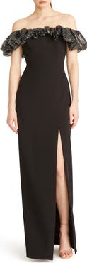 ML Monique Lhuillier Micaela Metallic Ruffle Crepe Sheath Gown