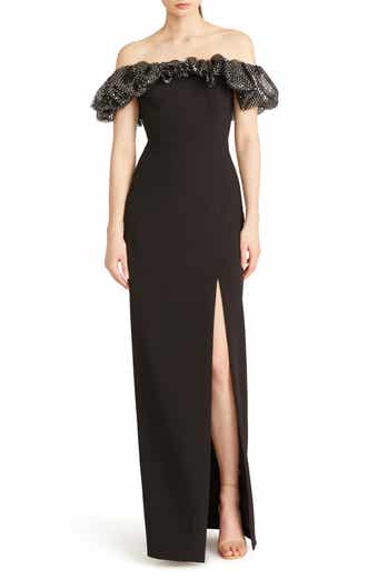 ML Monique Lhuillier Micaela Metallic Ruffle Crepe Sheath Gown