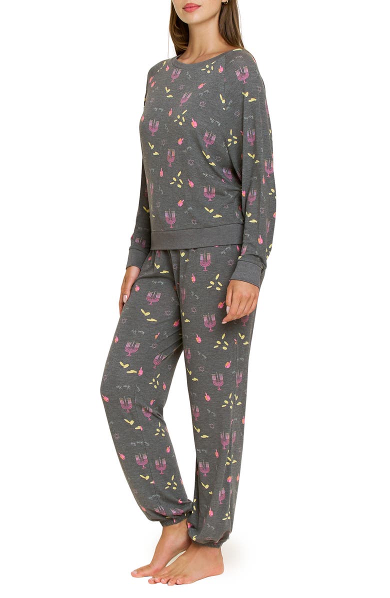 Honeydew Star Seeker Brushed Jersey Pajamas, Alternate, color, Charcoal Hanukkah