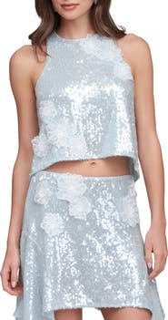 Avec Les Filles A-Line Sequin Floral Appliqué Crop Top