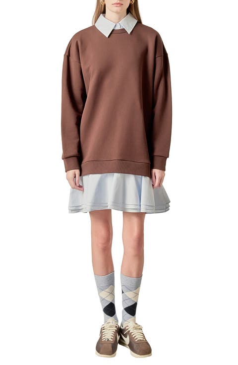Long Sleeve Mixed Media Sweatshirt Minidress