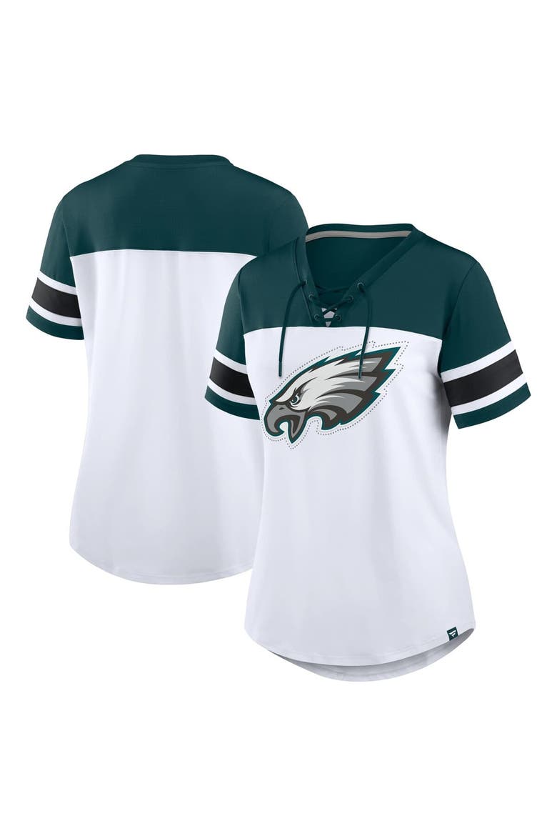 Women's Fanatics White/Midnight Green Philadelphia Eagles Athena Rhinestone Lace-Up V-Neck T-Shirt, Main, color, White