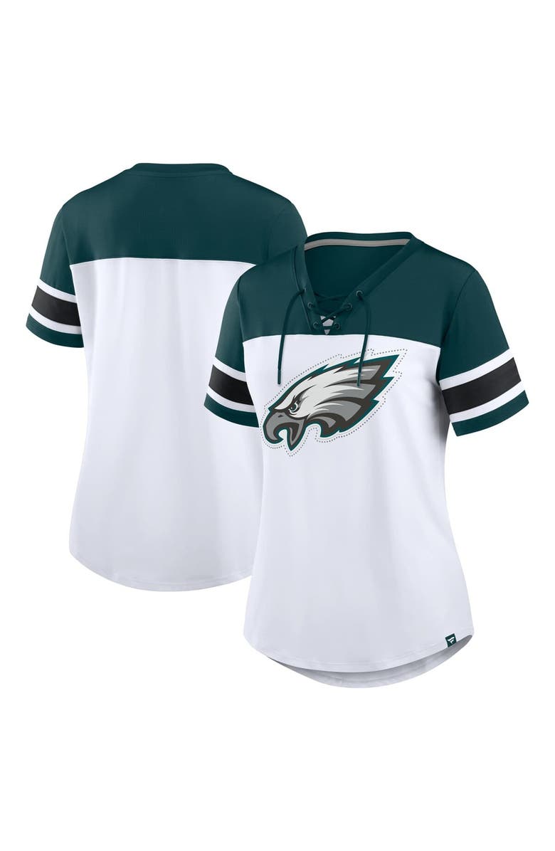 FANATICS Women's Fanatics White/Midnight Green Philadelphia Eagles Athena Rhinestone Lace-Up V-Neck T-Shirt, Main, color, 