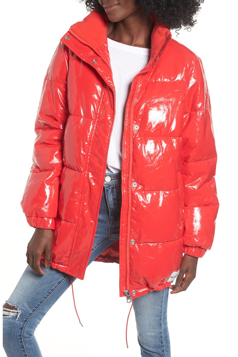 Glossy Puffer Jacket, Main, color, TOMATO