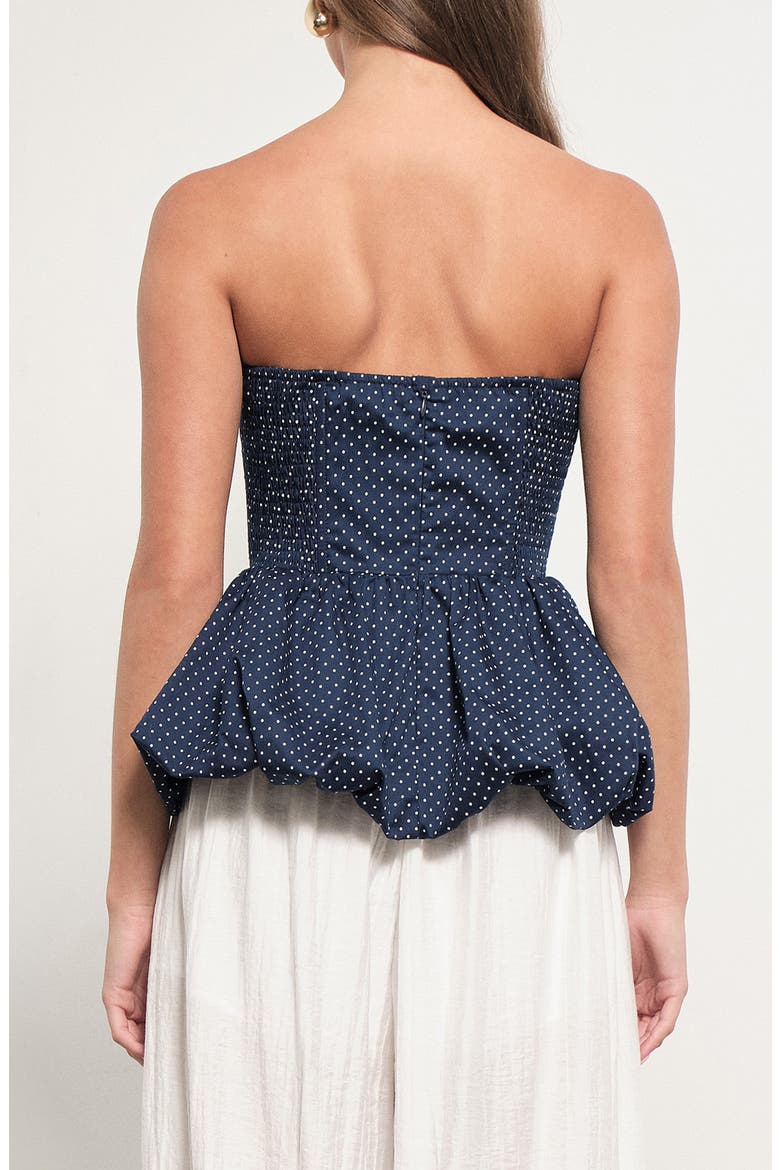 Wyatt Polka Dot Strapless Bubble Hem Peplum Top, Alternate, color, NAVY WHITE DOTS