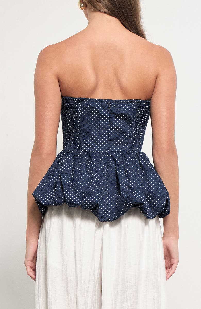 MAUDE CLUB Wyatt Polka Dot Strapless Bubble Hem Peplum Top, Alternate, color, Navy White Dots