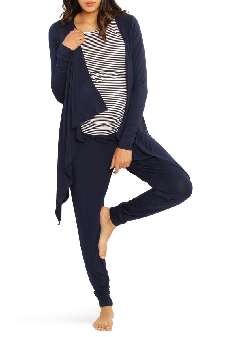 Maternity/Nursing Cardigan, Tank & Pants Set, Main, color, NAVY
