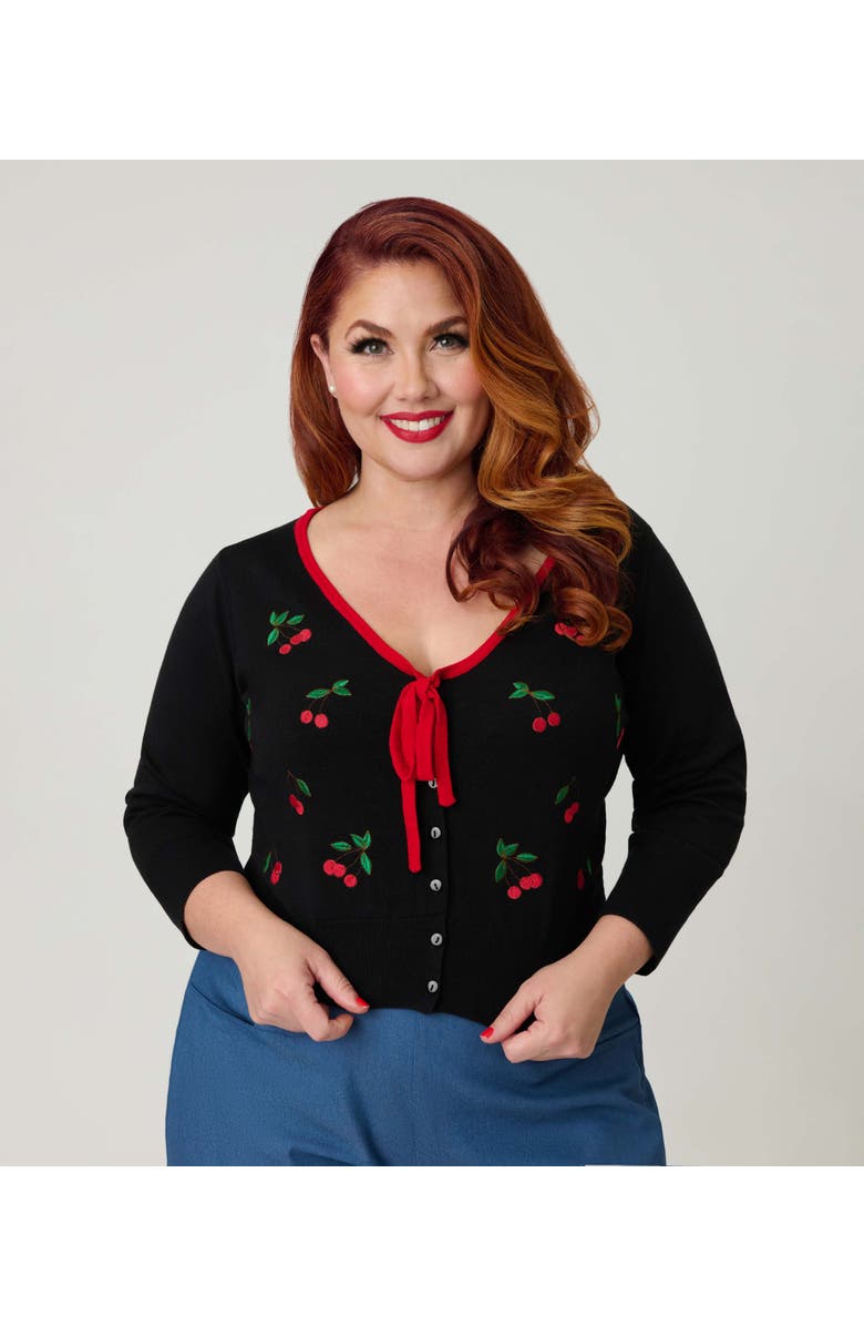 Unique Vintage Plus Size 1950s Crop Knit Cardigan, Alternate, color, Black W/Cherries