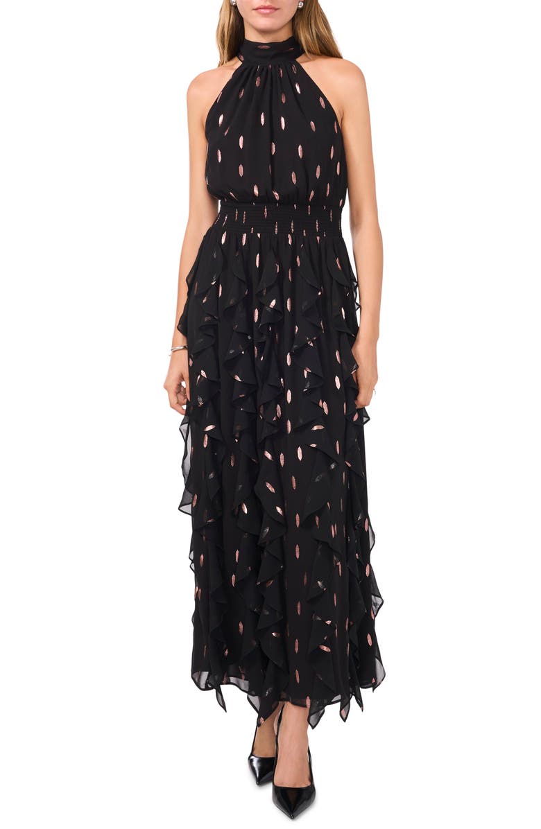 1.STATE Flounce Cascading Metallic Clip Dot Maxi Dress, Main, color, 