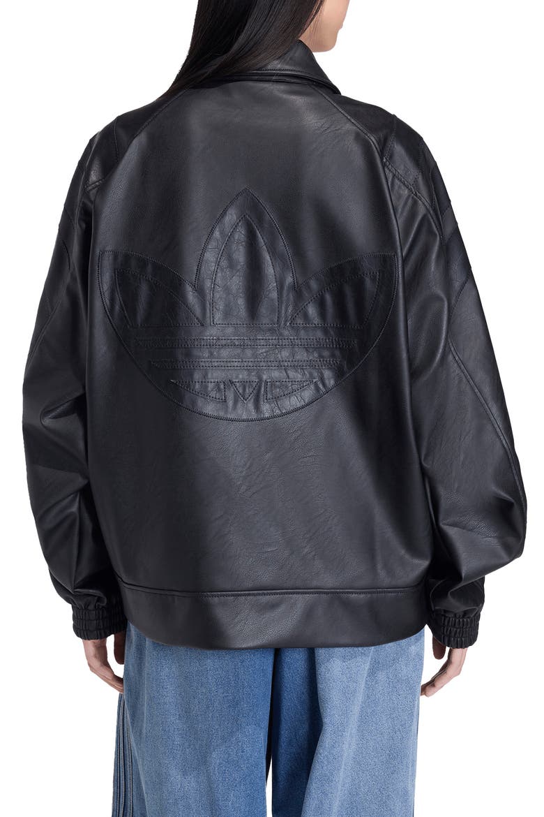 Three-Stripe Faux Leather Jacket, Alternate, color, BLACK