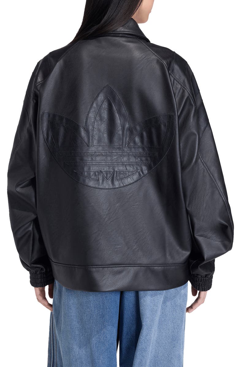 adidas Three-Stripe Faux Leather Jacket, Alternate, color, Black