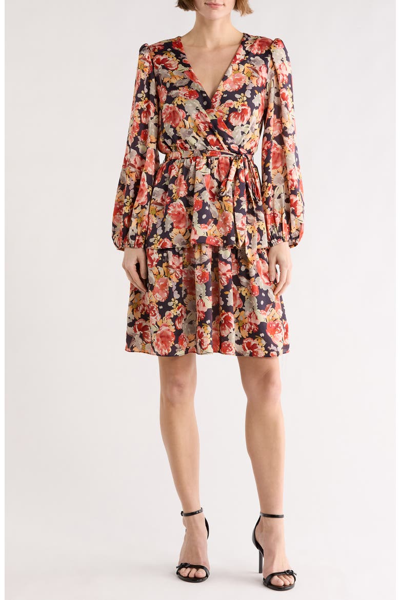 Floral Ruffle Long Sleeve A-Line Dress, Main, color, NAVY MULTI