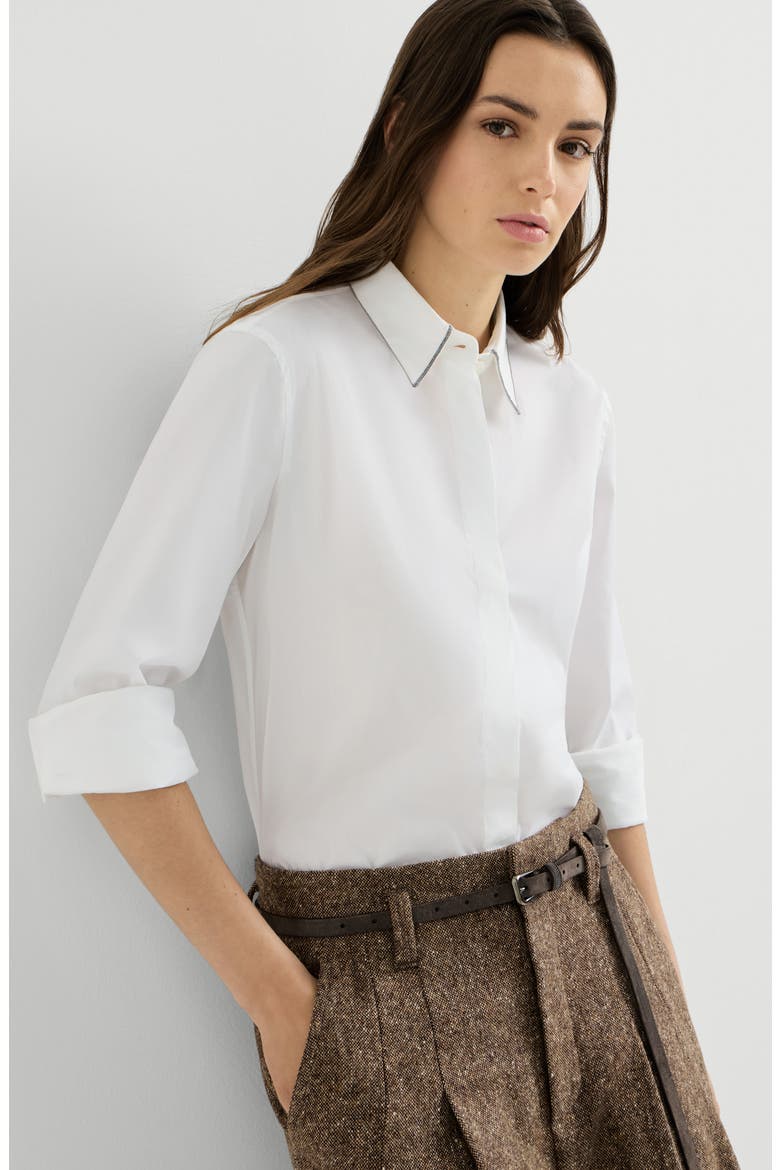 Stretch cotton poplin shirt with shiny collar, Alternate, color, White