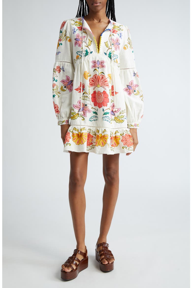 Floral Long Sleeve Linen Blend Minidress, Main, color, OFF-WHITE