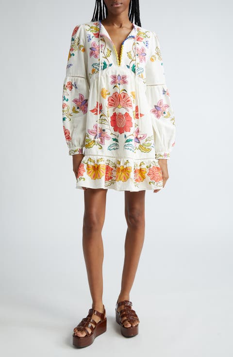 Floral Long Sleeve Linen Blend Minidress