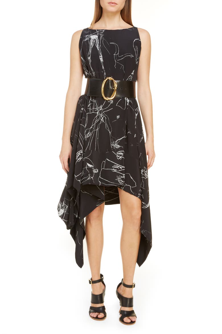 Alexander McQueen Dancing Girls Asymmetrical Silk Crêpe de Chine Midi Dress, Main, color, BLACK IVORY
