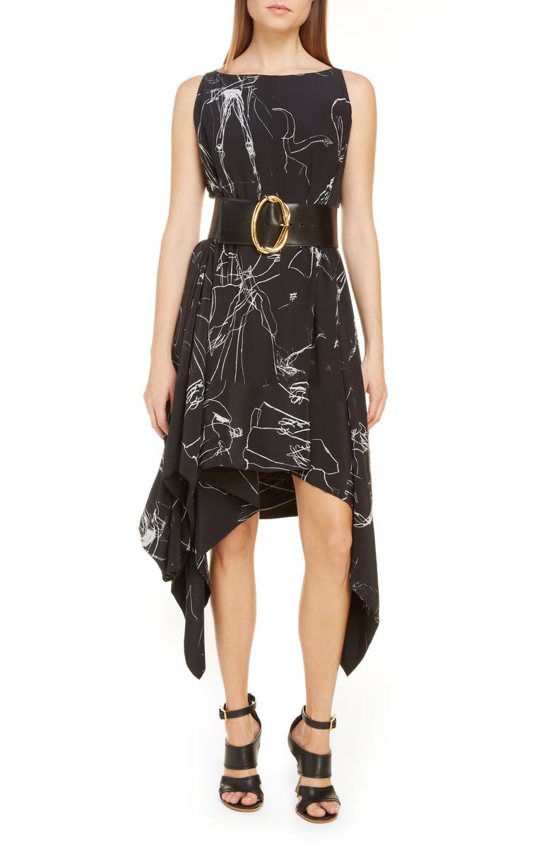 McQueen Alexander McQueen Dancing Girls Asymmetrical Silk Crêpe de Chine Midi Dress, Main, color, 