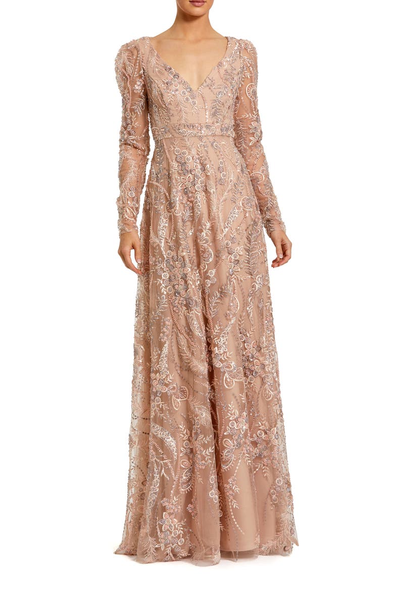 Floral Embroidered V-Neck Long Sleeve Gown, Main, color, Taupe