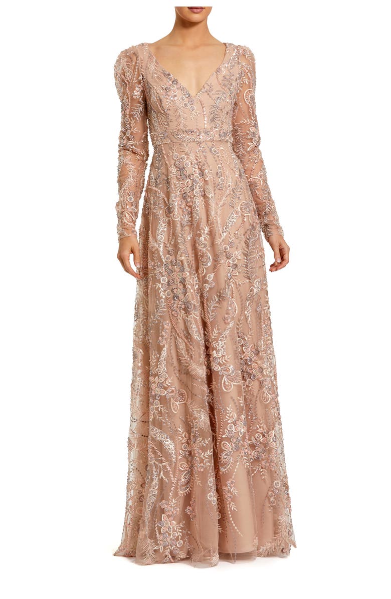 Mac Duggal 3D Floral Embellished Off The Shoulder Mermaid Gown, Main, color, Taupe