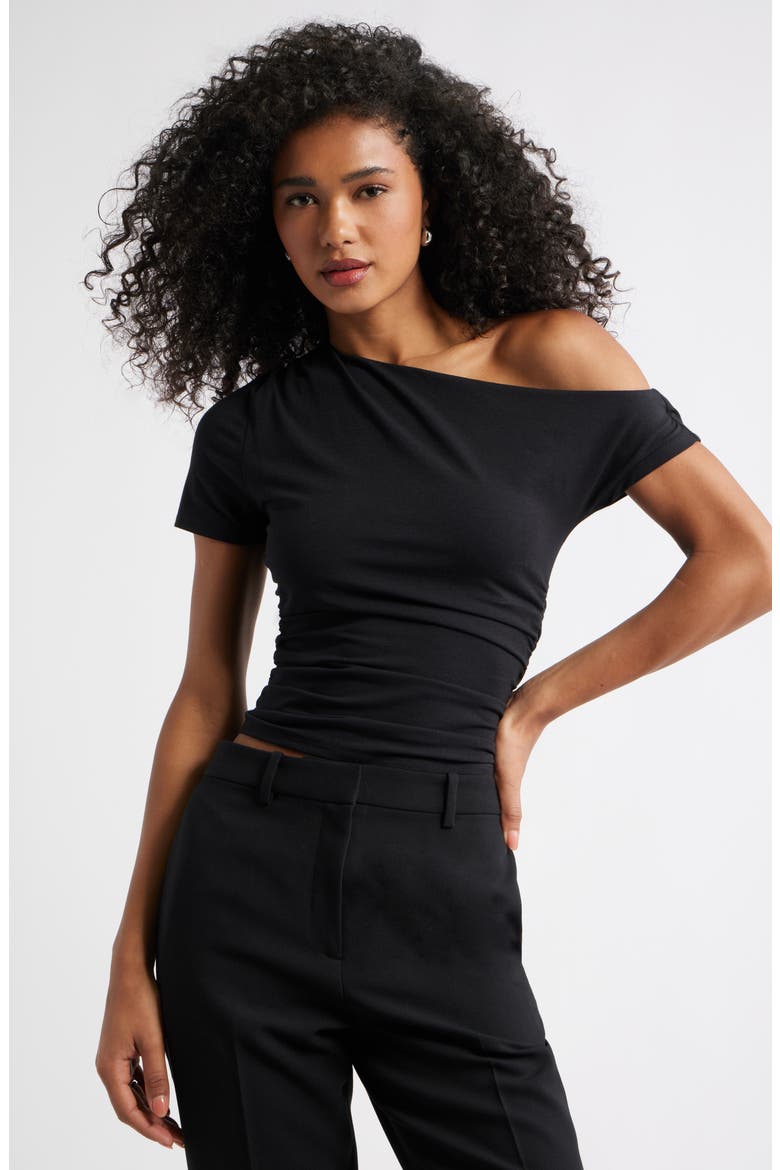 Ruched Off the Shoulder T-Shirt, Main, color, BLACK