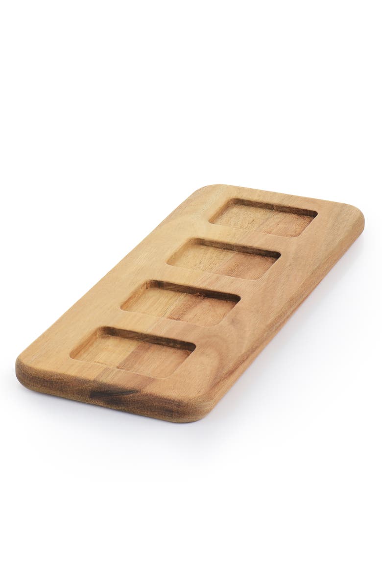 Gibson Elite Gracious Dining 5 Piece Fine Ceramic Tidbit Dish Set with Acacia Wood Base, Alternate, color, White