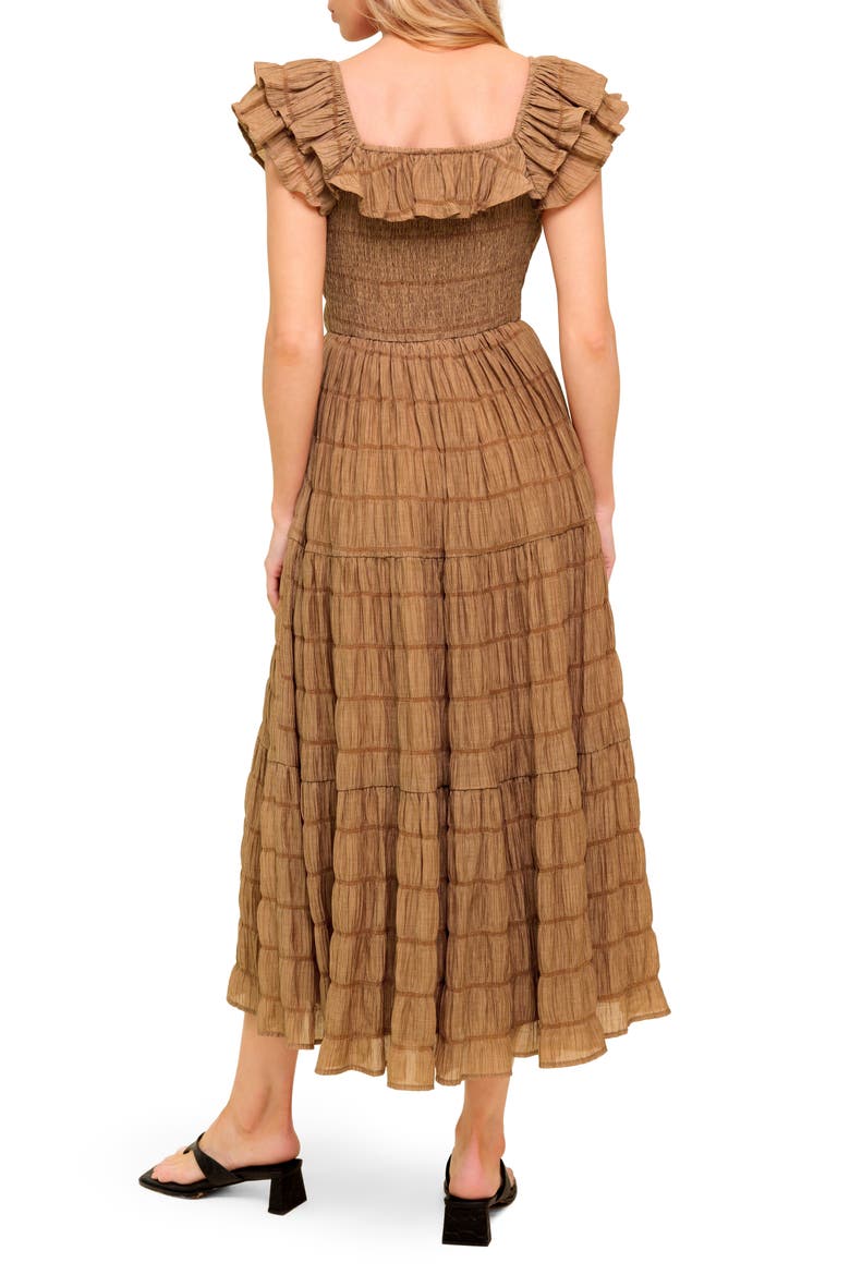 Ruffle Shoulder Midi Dress, Alternate, color, BROWN