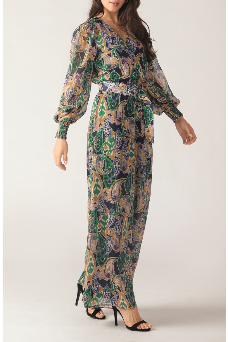 Print Long Sleeve Jumpsuit, Alternate, color, NAVY TEAL