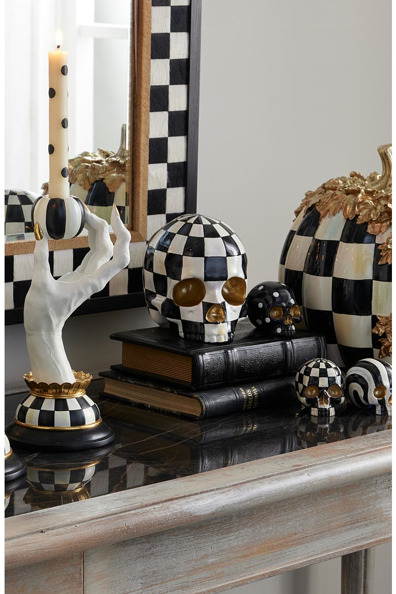 Courtly Check Skull Ornament, Alternate, color, BLACK