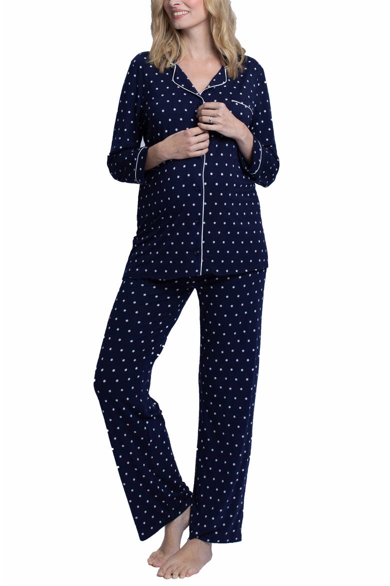 Polka Dot Maternity/Nursing Pajamas & Baby Wrap Set, Main, color, NAVY/ SPOTS