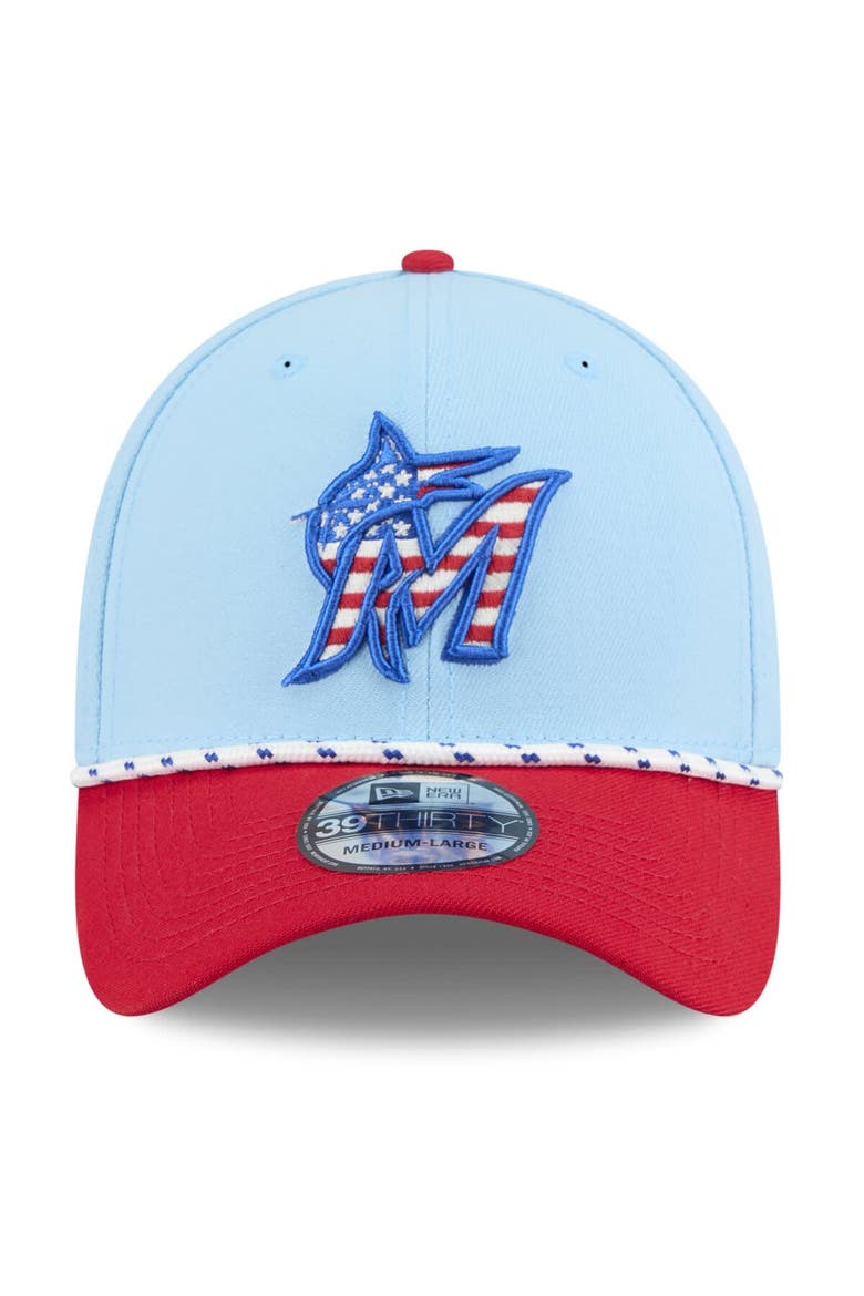 Men's New Era Light Blue/Red Miami Marlins 2025 Fourth of July 39THIRTY Flex Hat, Alternate, color, Light Blue