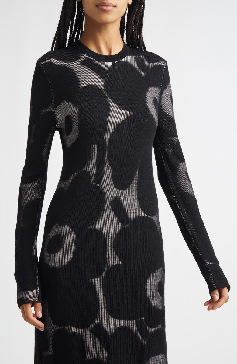 Marimekko Laatia Unikko Long Sleeve Rib Wool Blend Sweater Dress, Alternate, color, Black Light Pink