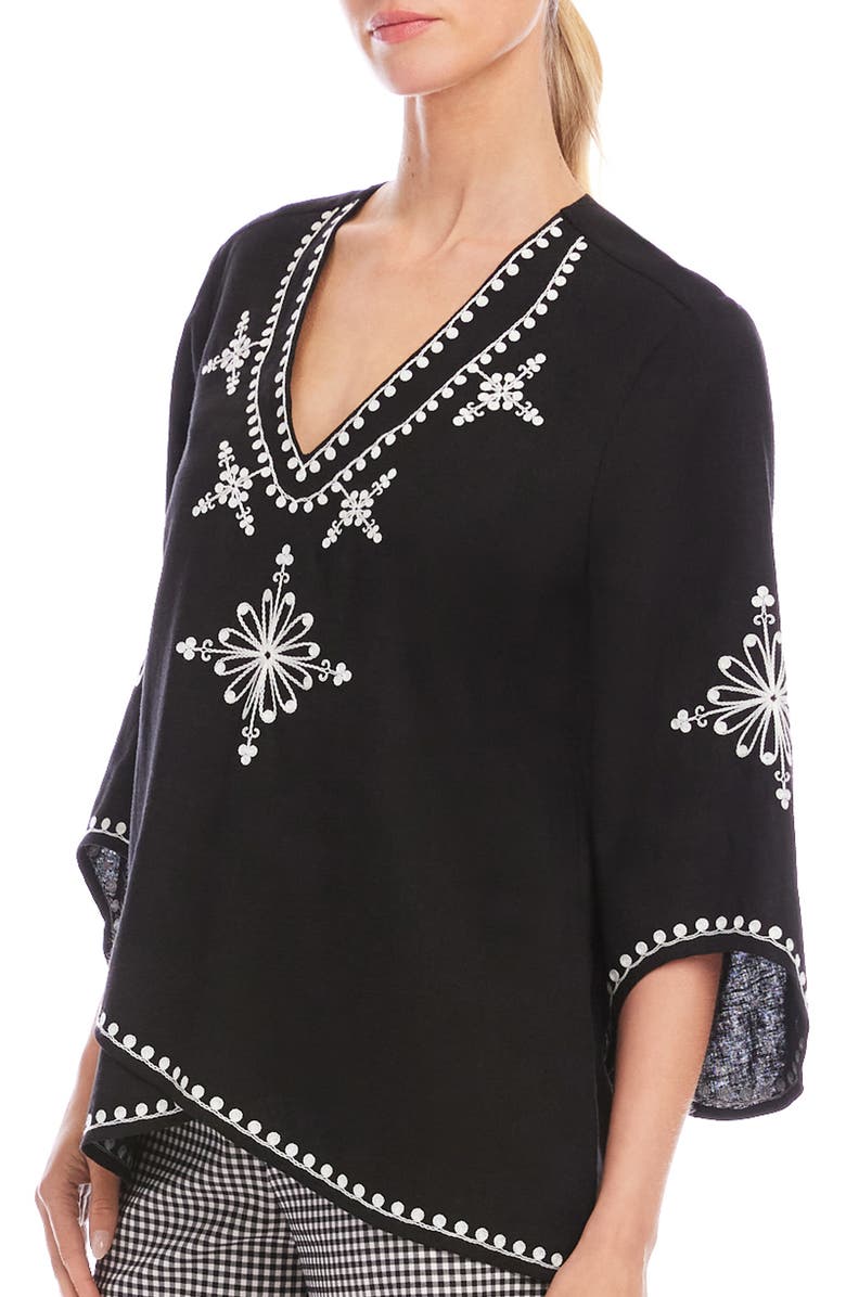 Karen Kane Embroidered Asymmetric Hem Linen Blend Top, Alternate, color, Black