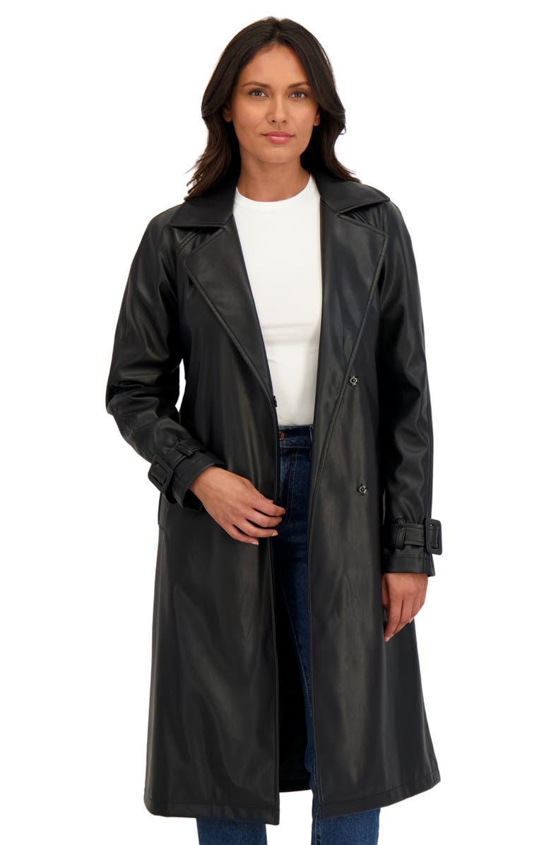 Sebby Faux Leather Trench Coat, Alternate, color, Black