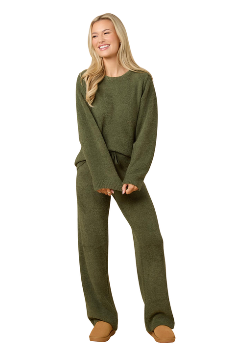 Solid Marshmallow Reverse Seam Crew Neck Lounge Set with Bracelet Sleeve