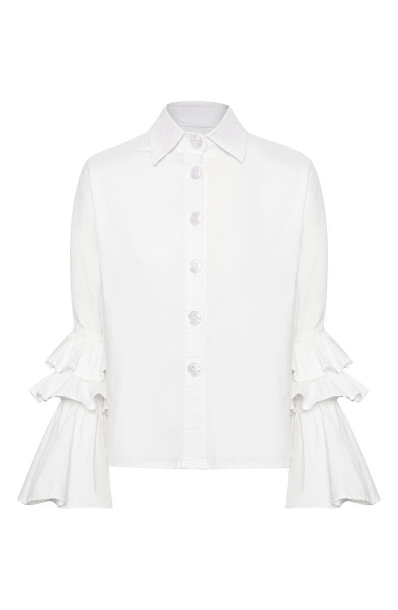 The Lulo Project Brave Ruffle Bell Sleeve Stretch Cotton Button-Up Shirt, Alternate, color, Crudo